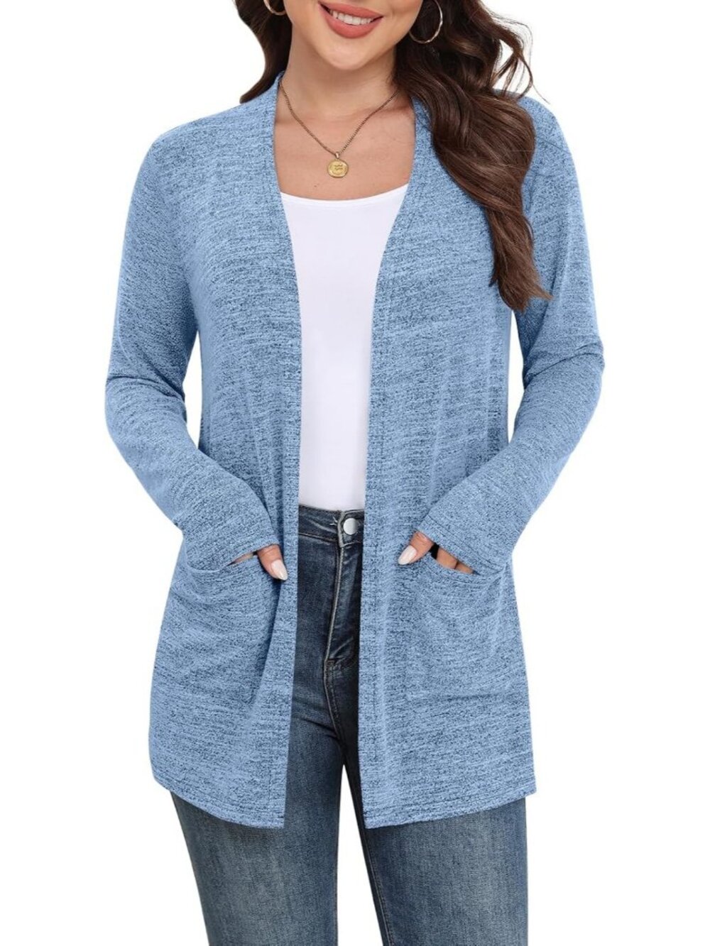 Women's Blue Lightweight Cardigan Long Sleeve Open Front with Pockets Sweater